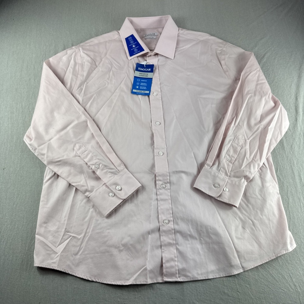 Haggar Premium Comfort Dress Shirt Mens 17 Pink Classic Fit Stretch Preppy NEW